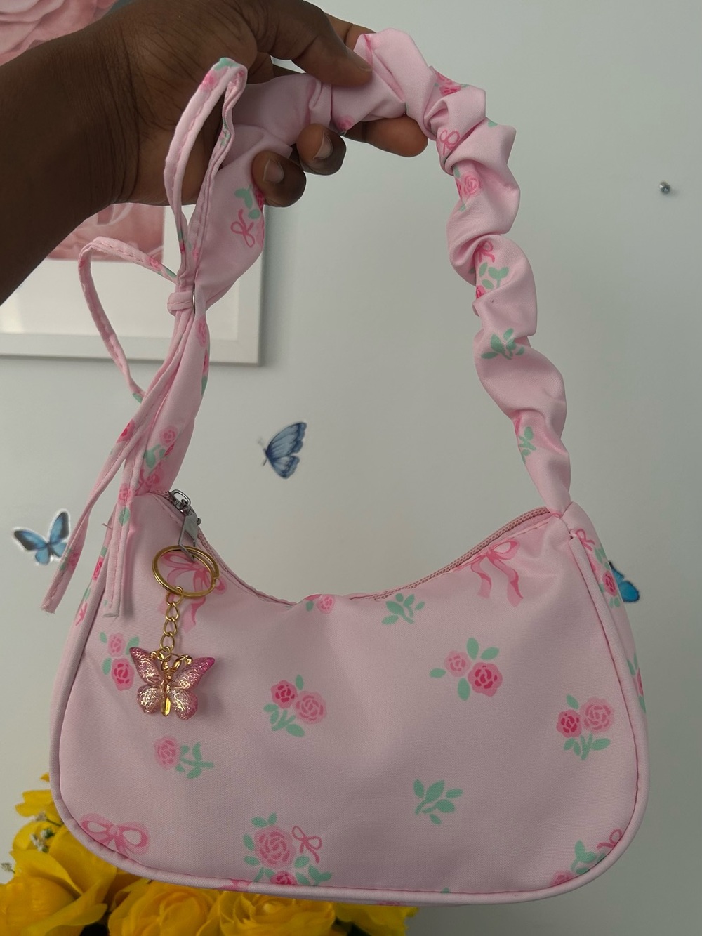 Pink Floral Butterfly Charm Woman Shoulder Bag